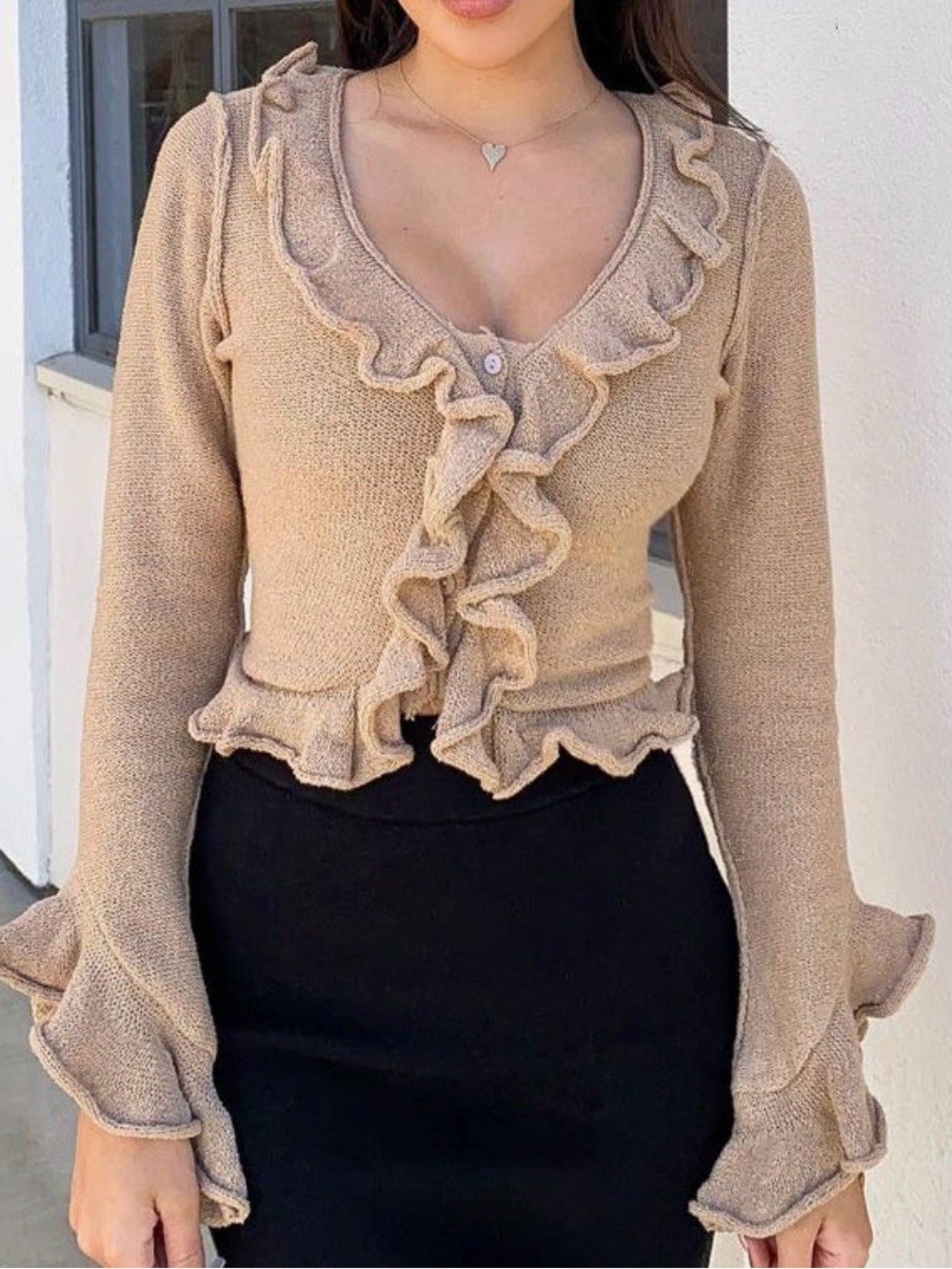 Fashion Nova Beige Ruffle V-Neck Knit Cardigan